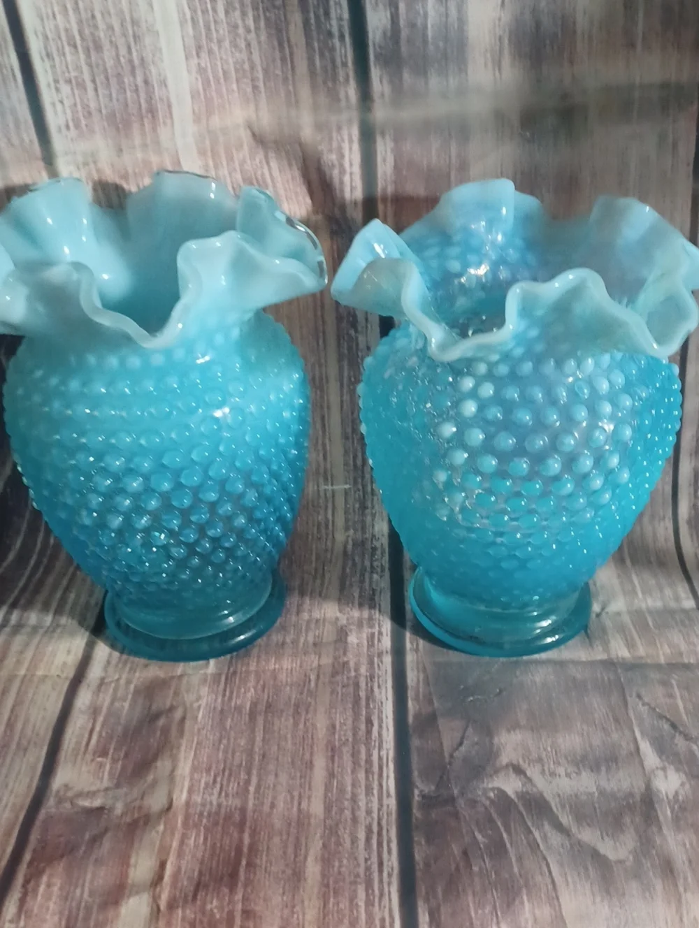 (2))Vintage Fenton Blue Hobnail Vase Crimp Ruffled Edges